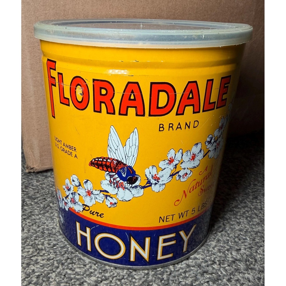RARE Vintage Floradale Brand Pure California Honey Tin Can 5lb Great Graphics